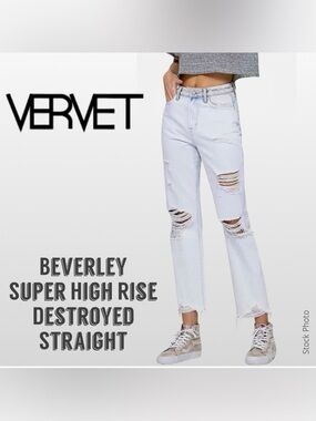 VERVET Beverley Super High-Rise Destroyed Straight Jeans V2493 Petrol Bliss (26)